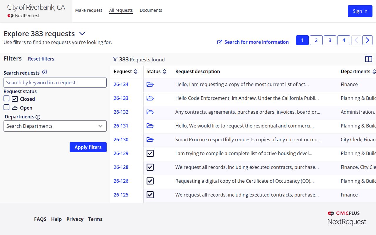 Riverbank people search through the city NextRequest public records portal