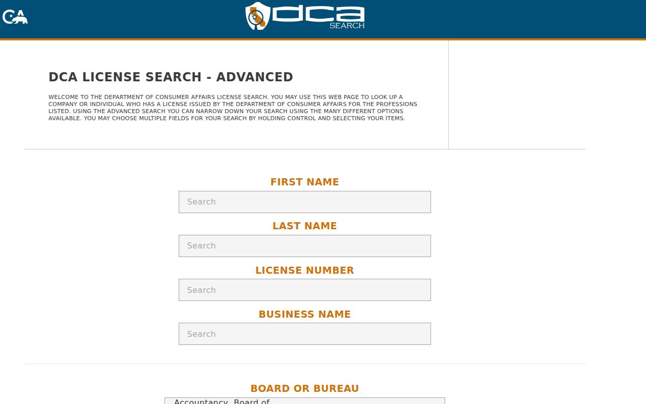 Riverbank public records search fields in the California DCA license portal
